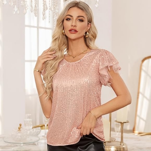 Grace Karin Blush Sequin Blouse - Picture 1 of 6